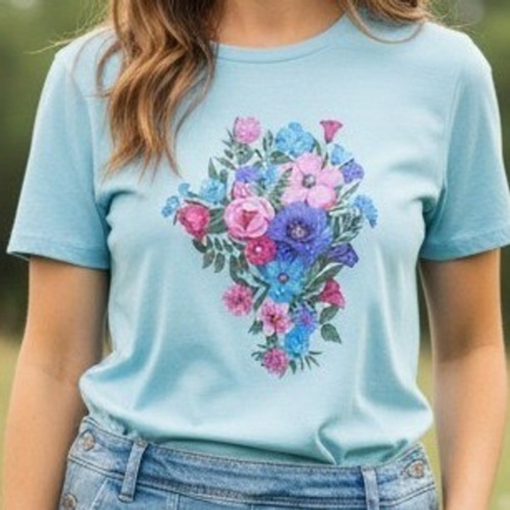 Talbots Floral SS Graphic Tee MP Blue Cotton Cottagecore Natural Fiber Pastel